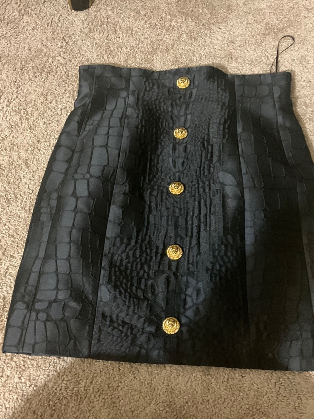 Balmain Black Crocodile-Embossed High-Waist Pencil Skirt with Gold Buttons - Picture 3 of 9